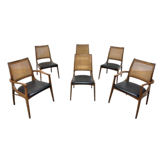 Mid-Century Modern Cane Back Walnut Dining Chairs - Set of 6 For Sale