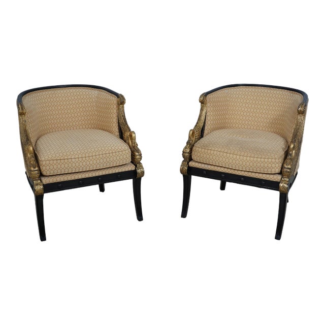Pair Swan Carved Neoclassical Upholstered Chairs For Sale