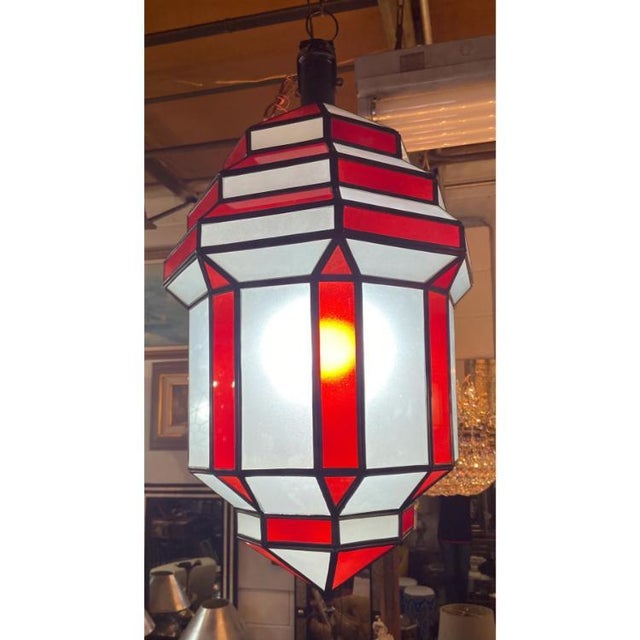 1990s Art Deco Style White Milk & Red Glass Chandelier, Pendant or Lantern, a Pair For Sale - Image 14 of 18