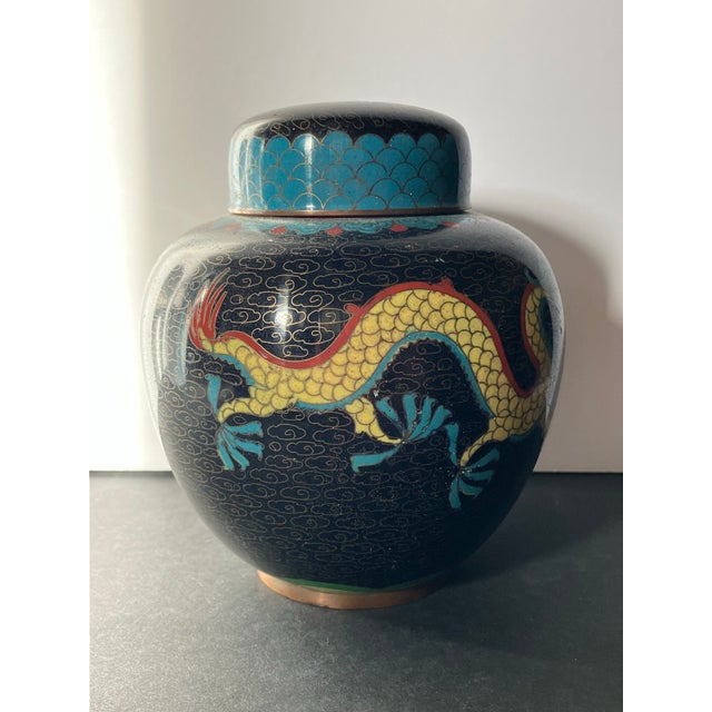 Vintage Chinese Cloisonné Dragon Ginger Jar W/ Lid, Decorative Collectible Vase For Sale - Image 10 of 12