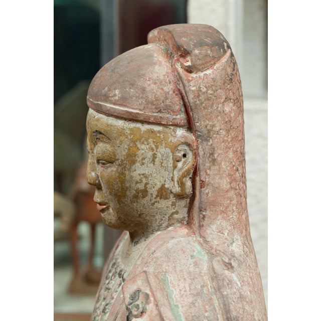 Stone 16th Century Chinese Ming Dynasty Painted and Carved Statue of Guanyin For Sale - Image 7 of 13