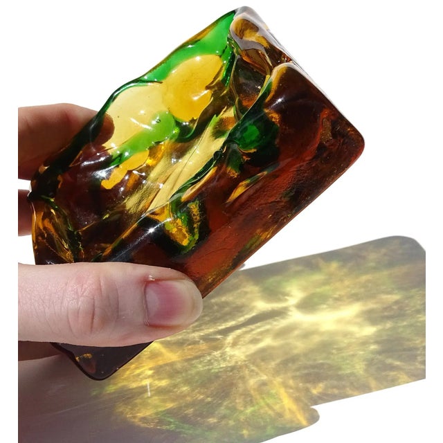 Abstract Salviati Gaspari Murano Vintage Golden Amber Green Swirl Italian Art Glass Landscape Design Bowl Ashtray For Sale - Image 3 of 6