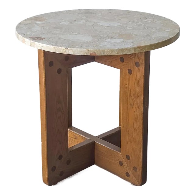 Vintage Oak and Marble Craftsman Side Table For Sale
