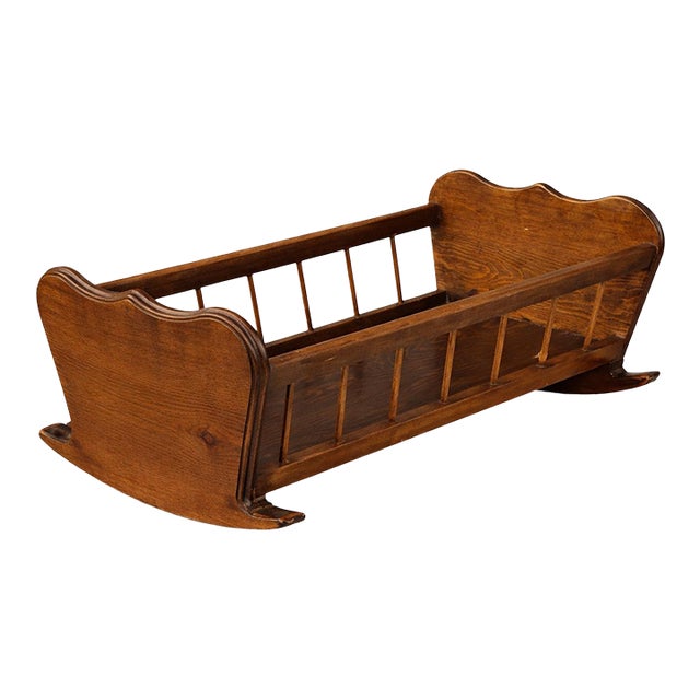 Antique Wooden Doll Bed— Spindle-Side Rocking Bed in Old Chapel Walnut Finish, Decorative Nursery Display Piece For Sale
