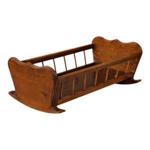 Antique Wooden Doll Bed— Spindle-Side Rocking Bed in Old Chapel Walnut Finish, Decorative Nursery Display Piece