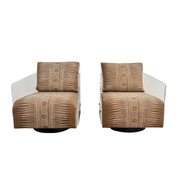 From designers Mitchell Gold & Bob Williams, Lucite Lucy swivel club lounge chairs - a pair. Item 1970s inspired, thick...