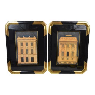 Pair Antique Architectural Engravings in Fine Gilt & Lacquer Modernist Frames For Sale