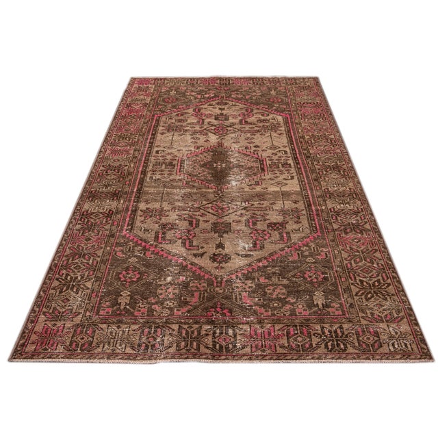 Vintage Distressed Handmade Brown Geometric Wool Rug For Sale - Image 4 of 9