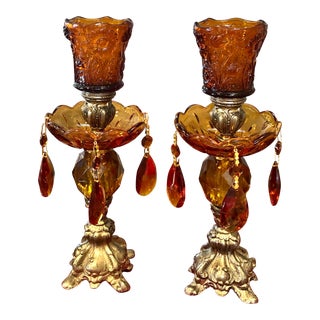 Vintage Baroque Style Amber Glass Candle Holders - a Pair For Sale