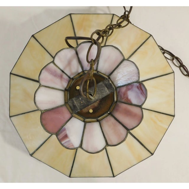 Vintage C1970s Signed Yellow Caramel & Purple Lilac Swirl Slag Glass Floral Pendant Light Chandelier For Sale - Image 4 of 12