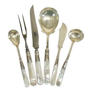 1920s Antique English Hollywood Regency Mother of Pearl Sterling Silver Serving Utensils - Set of 6 For Sale