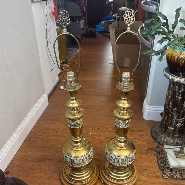 This is a vintage brass table lamp, often attributed to the style of designer James Mont or featuring Chinoiserie-inspired...