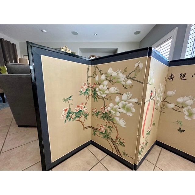 Asian Silk Watercolor 4 Panel Folding Screen For Sale - Image 10 of 16