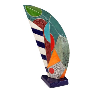 "Eclipse 19" by Michael Gustavson, Raku Ceramic Sculpture on Marble Base, Sage Orange and Blue-Grey Glaze, Contemporary California Art, Vibrant Colors For Sale