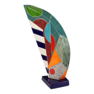 "Eclipse 19" by Michael Gustavson, Raku Ceramic Sculpture on Marble Base, Sage Orange and Blue-Grey Glaze, Contemporary California Art, Vibrant Colors
