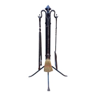 Wrought Iron Arts & Crafts Fireplace Tools and Stand For Sale