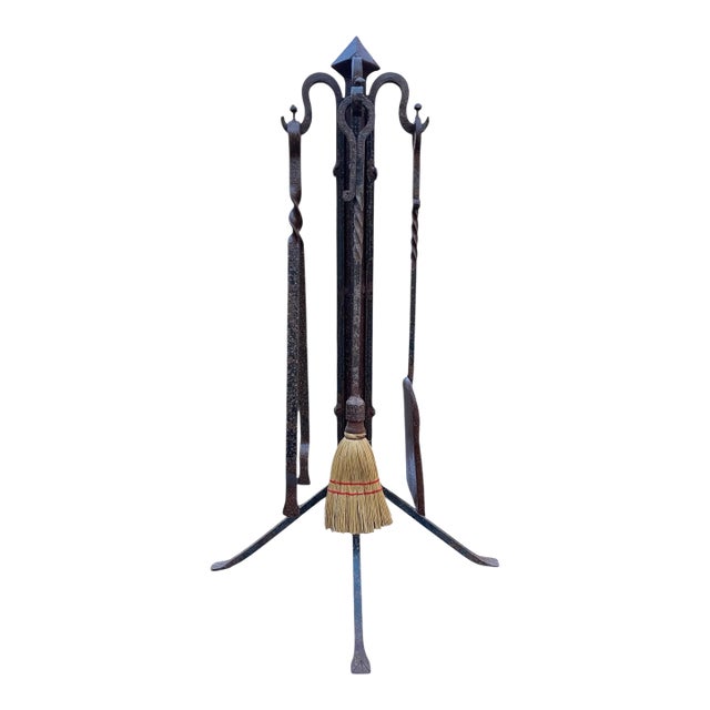 Wrought Iron Arts & Crafts Fireplace Tools and Stand For Sale