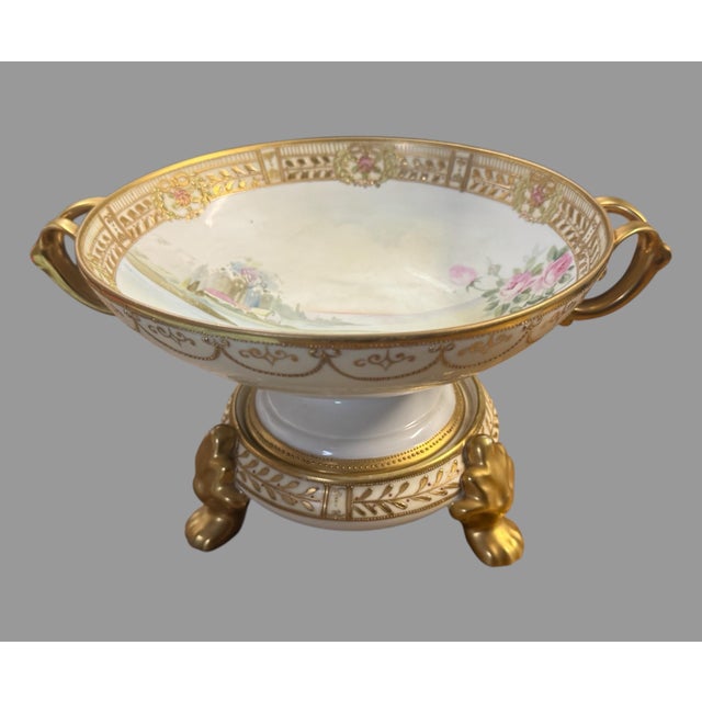 Beautiful antique Nippon hand-painted porcelain compote with accompanying footed display base/stand, dating to the early...