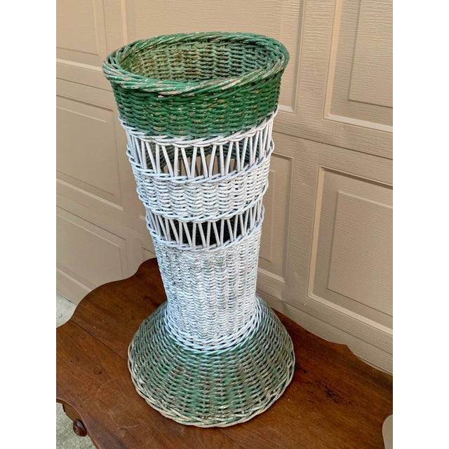 Antique Painted Wicker Umbrella Basket With Green and White Surface For Sale - Image 4 of 12
