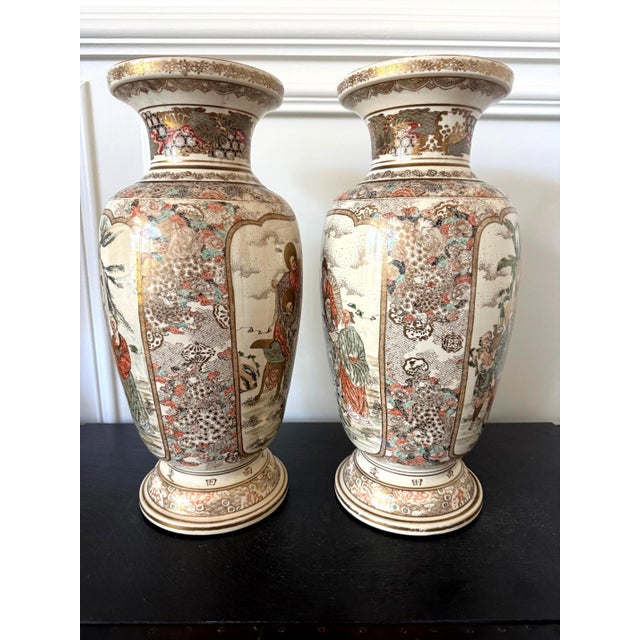Japanese Large Pair Japanese Satsuma Ceramic Vases Kozan Meiji Period For Sale - Image 3 of 18