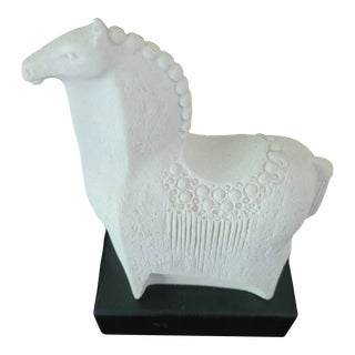 Vintage Mid Century White Stone Horse Sculpture on Wood Base by Marbell Stone Art Belgium For Sale