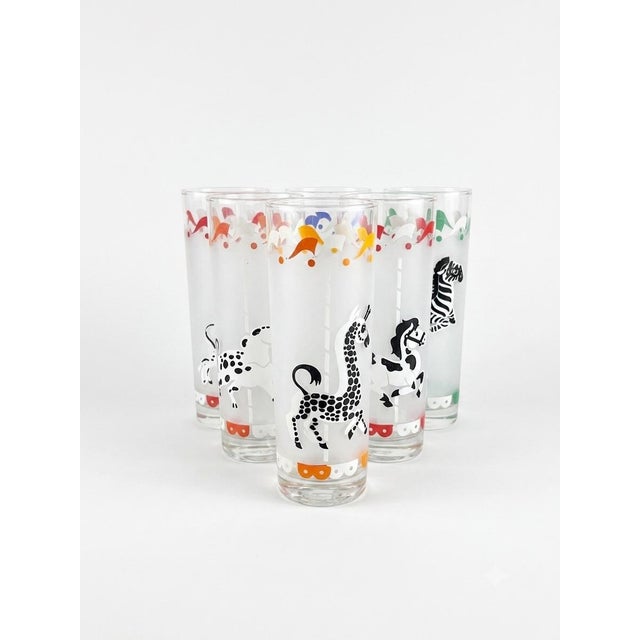 Hazel-Atlas 1950s Hazel Atlas Mid-Century Modern Frosted Carousel Animal Tumbler. Set of Six For Sale - Image 4 of 6