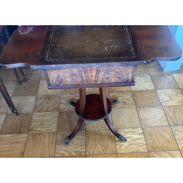Vintage Table Regency Victorian Mahogany/Walnut Drop Leaf W/ Drawer Brass Feet Wheels For Sale - Image 4 of 5