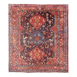 Antique Hand Knotted Persian Qashqai Shiraz Tribal Rug With Tribal Design 5'1 X 6'2 For Sale