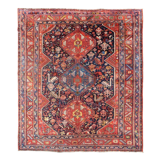 Antique Hand Knotted Persian Qashqai Shiraz Tribal Rug With Tribal Design 5'1 X 6'2 For Sale
