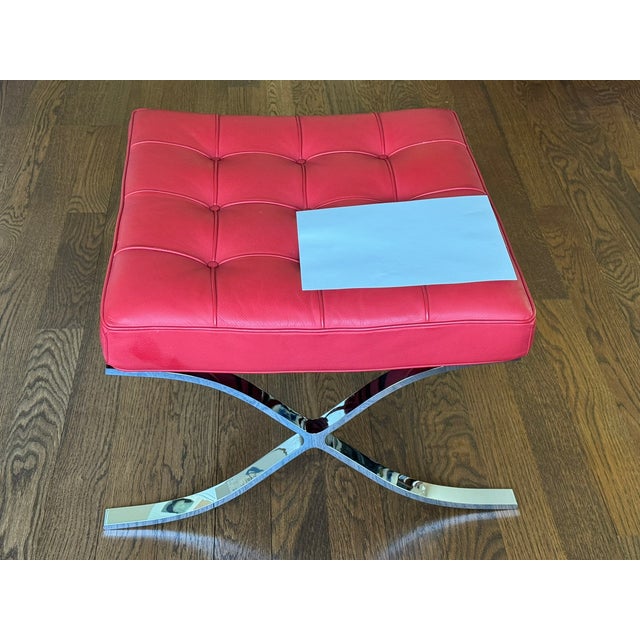 Authentic Design Within Reach Barcelona Stools – Red Tufted Leather & Chrome X‑Base – Set of 2 For Sale - Image 14 of 14