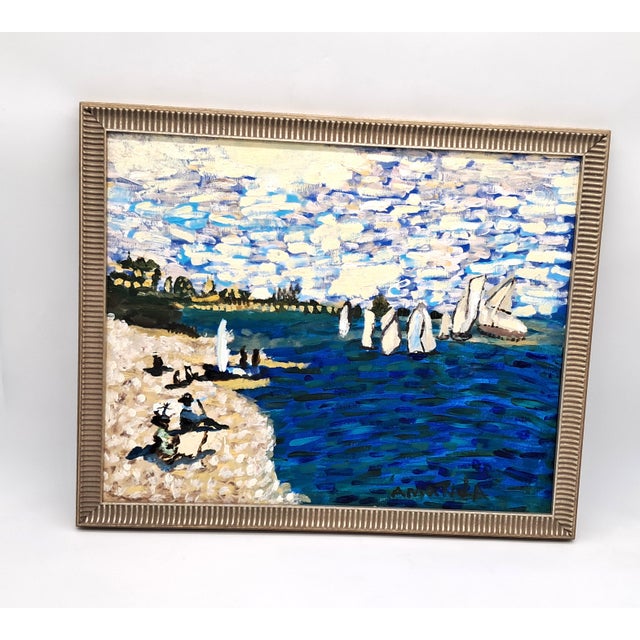 Hand-Painted Acrylic Impasto Seashore Painting With Sailboats and Black Beachgoers For Sale - Image 4 of 11