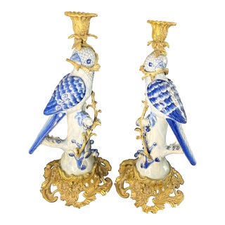 1960s Large Ceramic Blue Parrot Birds Candleholders Brass Tropical Ornate- a Pair For Sale