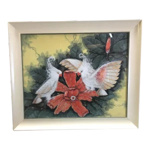 Vintage Restored Post-War Hawaiian Bird and Botanical Airbrush Painting, Framed