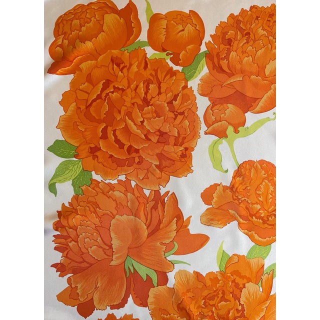 HERMES Les PIVOINES orange scarf, first published in 1970 and reissued in 1990, designed by Christiane Vauzelles France...