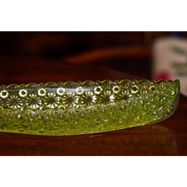 Canary Yellow 1884 Early American Pattern Glass Uranium Vaseline Glass Hobbs Brockunier C. Yacht Pickle or Relish Daisy and Button Scalloped Edges For Sale - Image 8 of 9