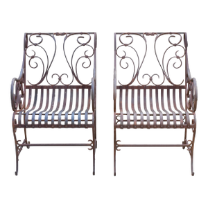 Mid 20th Century French Hand Forged Heavy Scrolls & Strap Iron Garden Chairs - Set of 2
