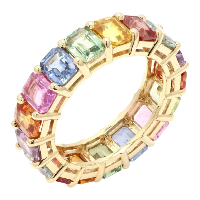 8.31 Ct Cushion Cut Multi Sapphire 18k Gold Eternity Band Ring 7 For Sale