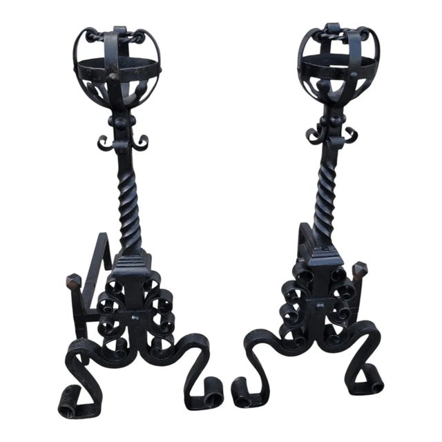 Arts & Crafts Pair of 1920s Wrought Iron Andirons Arts & Crafts Fireplace Antique For Sale - Image 3 of 14