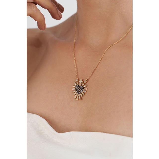 Metal Blue Sapphire Diamond Sacred Heart Sunburst Pendant Necklace in 14k Yellow Gold For Sale - Image 7 of 16