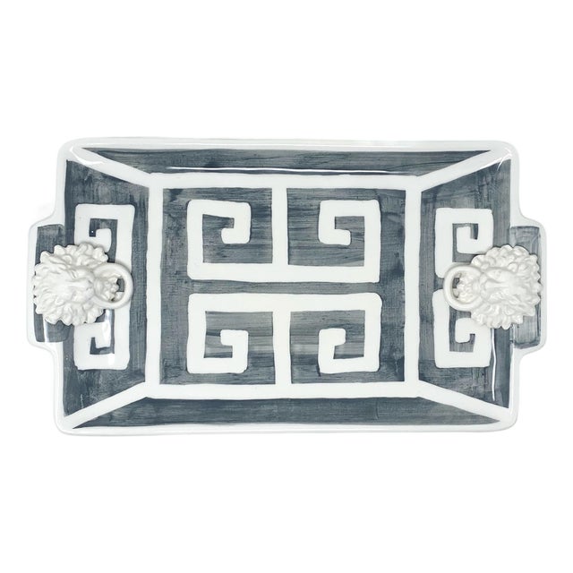 Greek Key Rectangle Tray in Graphite For Sale