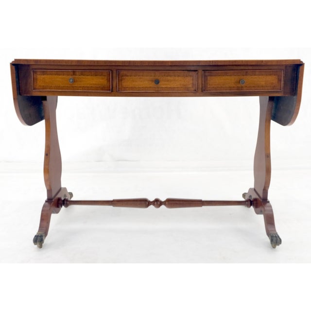 Drop Leaf Sides Dovetail Drawers Banded Inlaid Top Console Writing Library Table For Sale - Image 11 of 12