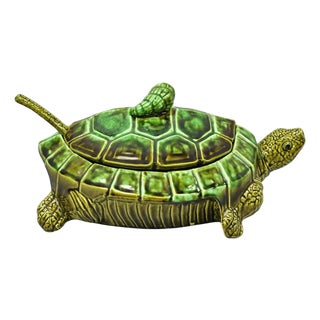 Vintage Tilso Japan Mid Century Modern Green Ceramic Figural Turtle Soup Tureen For Sale