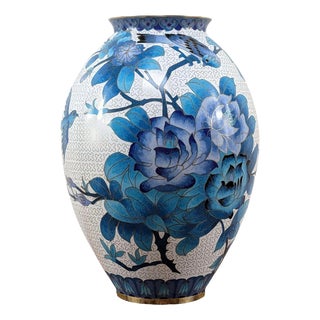 Large Mid-20th Century Cloisonné Enamel Vase with Birds and Peonies, China, 1950s For Sale