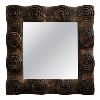 Vintage Hand-Carved Spiral Motif Wood Wall Mirror, 1970s For Sale