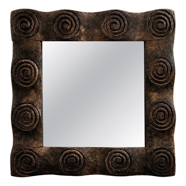 Vintage Hand-Carved Spiral Motif Wood Wall Mirror, 1970s For Sale