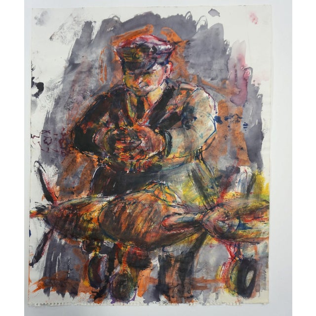Abstract Expressionist Tempera on Paper Figurative -- The Pilot and His Plane by Jean Kellogg For Sale In Monterey, CA - Image 6 of 6