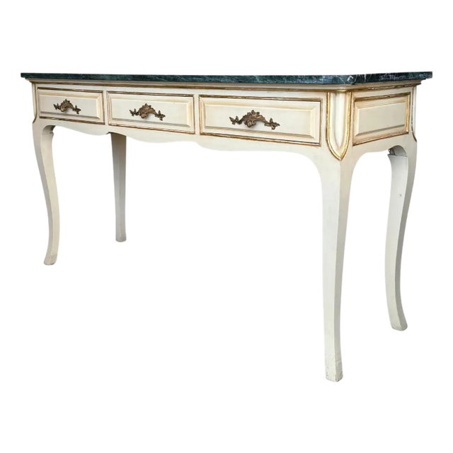 20th Century French White Painted Table Console With Green Marble Top For Sale