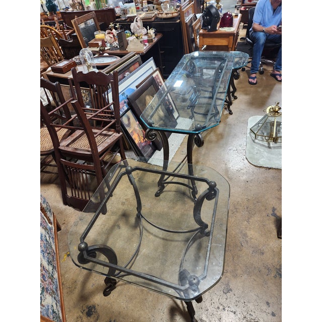 1980s Contemporary Scalloped Glass & Wrought Iron Set of Tables For Sale - Image 9 of 12