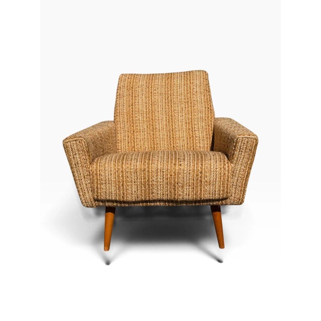 Pair of Danish Modern Lounge Chairs | Sculptural Flared Arms in Woven Tweed | Tapered Wood Legs | C. 1960s For Sale - Image 9 of 16