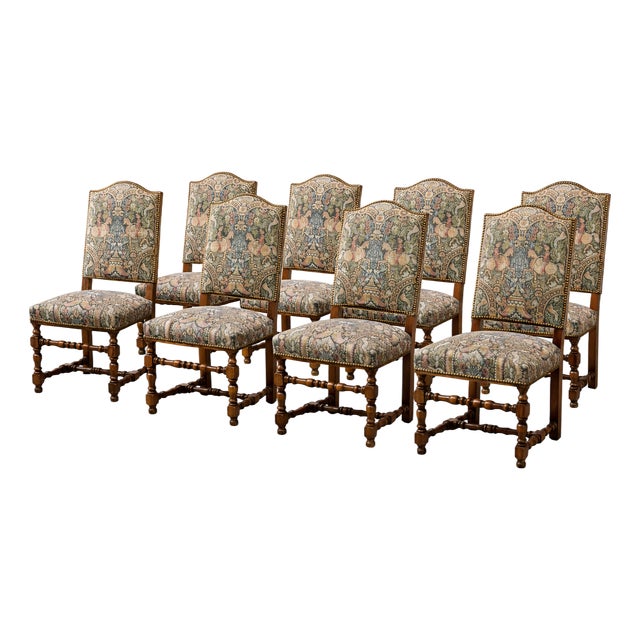 1950s 8 French Louis XIII Style Barley Twist Dining Chairs Floral Tapestry For Sale